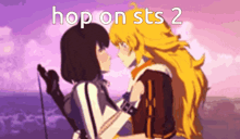 a couple of anime characters kissing with the words hop on sts 2 written above them