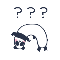 a cartoon of a panda doing a handstand with three question marks behind it .