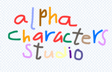 a colorful logo for alpha characters studio is displayed on a white background