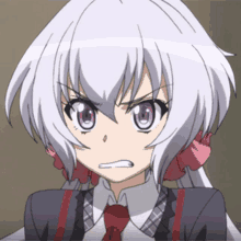 a girl with white hair and purple eyes is wearing a tie