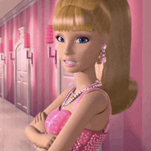 a barbie doll is standing in a hallway with a pink wall