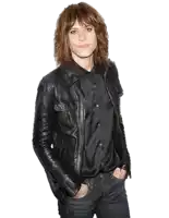 a woman wearing a leather jacket and a striped shirt