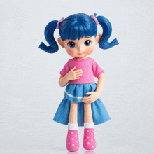 a doll with blue hair is wearing a pink shirt and a blue skirt