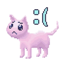 a pixel art drawing of a pink cat with a sad face and a blue tail .