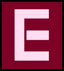 the letter e is pink and white on a maroon background .