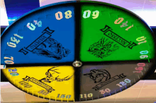 a spinning wheel with four different colored circles and the number 08 on it