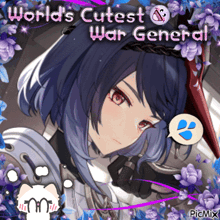 a picture of a girl with purple hair and the words world 's cutest war general