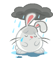 a cartoon bunny is crying under a cloud in the rain