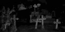 a black and white photo of a cemetery with a few crosses