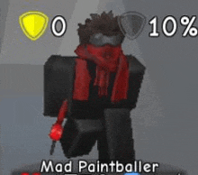 a mad paintballer is wearing a red scarf and holding a paintball gun .