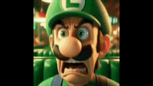 a close up of a cartoon character with a green hat and a mustache making a funny face .