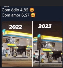 a picture of a gas station with a sign that says ' com odio 4,82 com amor 6,27 '