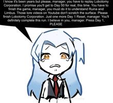 a cartoon of a girl with a speech bubble above her that says " please "