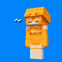 a minecraft character with a blue background is wearing a yellow outfit