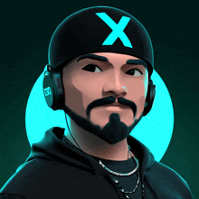 a man with a beard wearing headphones and a beanie with the letter x on it