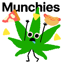a cartoon drawing of a marijuana leaf with the words munchies written above it