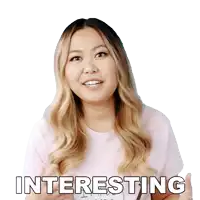 a woman in a pink shirt has the word interesting written on her face