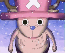 tony tony chopper from one piece wears a pink hat with an x on it