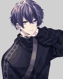 a boy with purple hair is wearing a choker and a black jacket