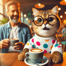 a cat wearing glasses and a polka dot shirt sits at a table with a cup of coffee