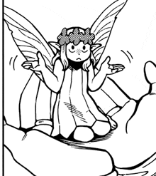 a black and white drawing of a fairy with wings and a flower crown .