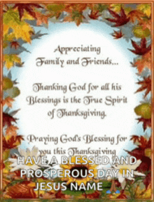 a thanksgiving card that says appreciating family and friends and praying god 's blessing for you this thanksgiving