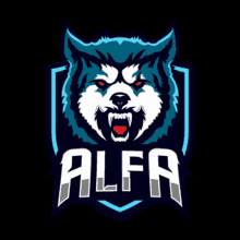 a logo with a wolf and the word alfa on a black background