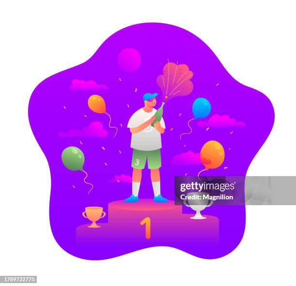 the winner stands with champagne in first place on the podium - medal podium clip art stock illustrations