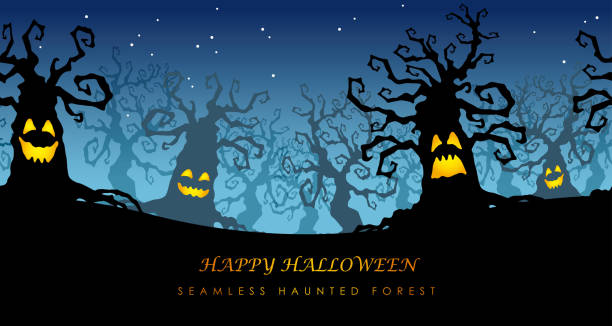 Happy Halloween seamless haunted forest with text space. Happy Halloween seamless haunted forest with text space, vector illustration. scary halloween scene clip art stock illustrations