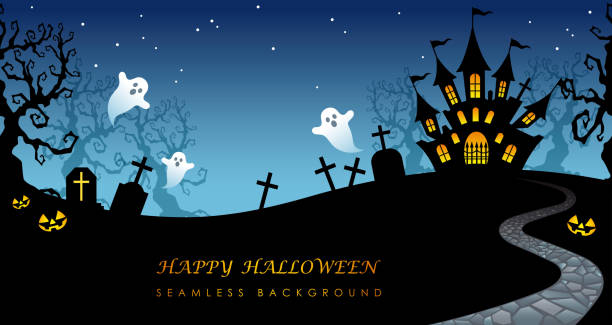 Seamless Happy Halloween background with text space. Happy Halloween seamless background with text space, vector illustration. Horizontally repeatable. scary halloween scene clip art stock illustrations