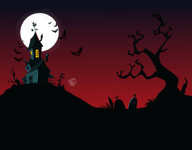 Halloween background with tombs, trees, bats, tombstones, gravey and hounted house Halloween background with tombs, trees, bats, tombstones, gravey and hounted house scary halloween scene clip art stock illustrations