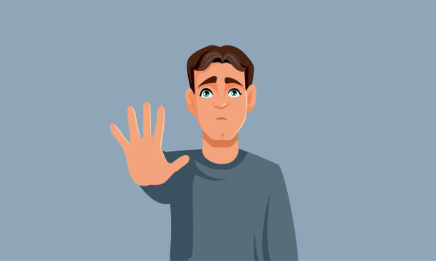 Stressed Man Making Stop Hand Gesture Vector Illustration Sad unhappy guy feeling uncomfortable and sad having emotional problems scared stretch stock illustrations