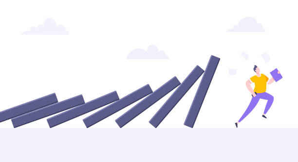 Domino effect or business cowardice metaphor vector illustration. Domino effect or business cowardice metaphor vector illustration. Adult young businessman run away from falling domino line business bankrupt company, crisis industry and danger chain reaction. scared stretch stock illustrations