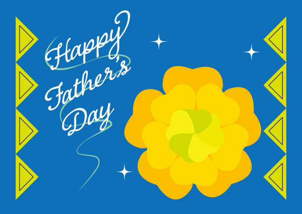 "HAPPY FATHER'S DAY"  Yellow Flower and Blue Background Greeting Card Vector Fathers day Graphics with Triangle pattern paper flowers isolated stock illustrations