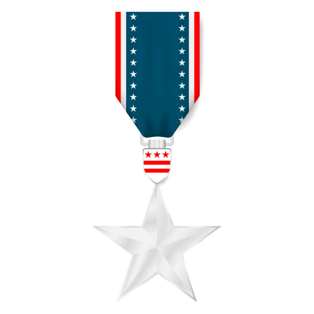 Military silver star medal with USA flag ribbon isolated on white background. Military soldier awards badge, icon, sign. Vector illustration Military silver star medal with USA flag ribbon isolated on white background. Military soldier awards badge, icon, sign. Vector illustration us air force insignia stock illustrations