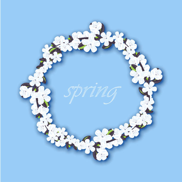 spring wreath of white leaves on a blue background spring wreath of white leaves on a blue background paper flowers isolated stock illustrations