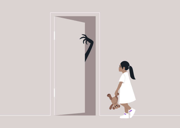 Childhood trauma, A young girl walks to an open door, holding a teddy bear, as a fearsome monster hand emerges from the darkness Childhood trauma, A young girl walks to an open door, holding a teddy bear, as a fearsome monster hand emerges from the darkness scared stretch stock illustrations