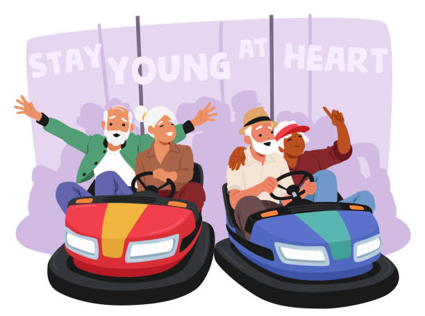 Cheerful Older Adults Having Fun Riding Bumper Cars At An Amusement Park. Cartoon Image Shows Happiness and Joy Cheerful Older Adults Having Fun Riding Bumper Cars At An Amusement Park. Cartoon Image Shows Happiness, Joy, And The Importance Of Staying Young At Heart. Vector Scene Of Laughter And Togetherness background of the live laugh love stock illustrations