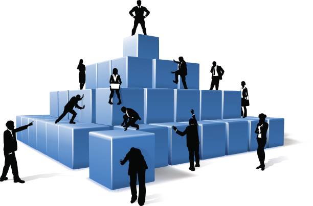 Business Team People Silhouettes Building Blocks A business team of people silhouettes working together using big building blocks to make a structure. Concept for teamwork corporate hierarchy stock illustrations