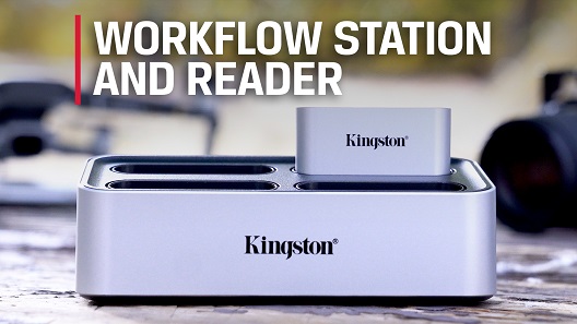 The Workflow Station and three readers sit on a desk next to a field recorder, laptop and DSLR camera