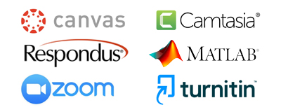 Collection of Software logos including Canvas, Respondus, Zoom, Camtasia, MATLAB, and turinitin.