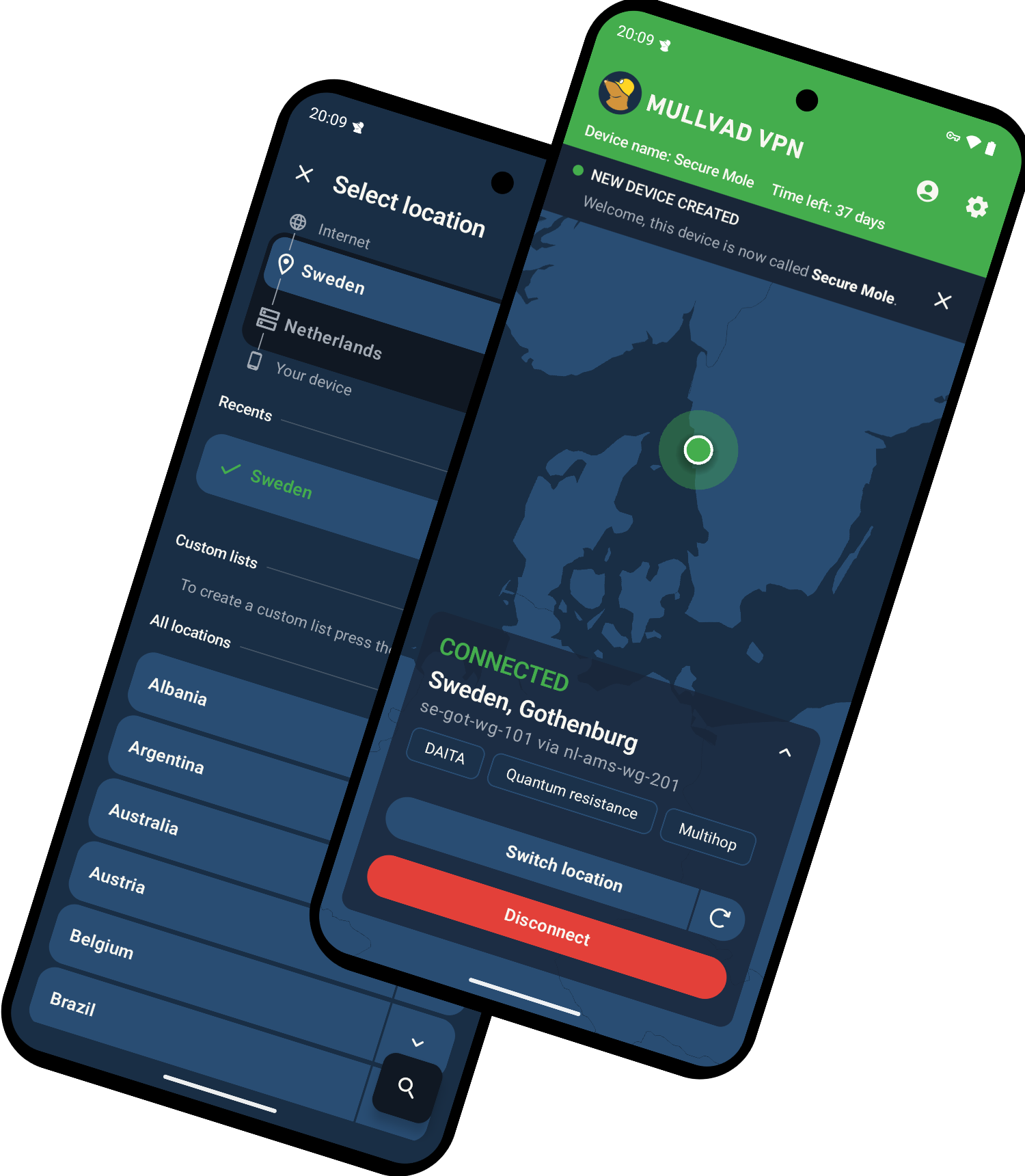 Two mobile phones using Mullvad VPN