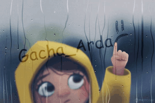 a girl in a yellow raincoat is pointing at the word gacha_arda