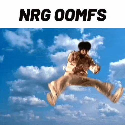 a picture of a man jumping in the air with nrg oomfs written on the bottom