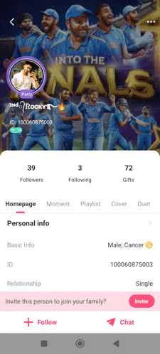 a screenshot of a cricket player 's profile on a phone