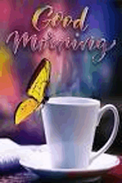 a cup of coffee with a butterfly on it and the words `` good morning '' written on it .