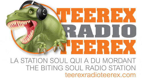 a logo for teerex radio teerex with a t-rex wearing headphones