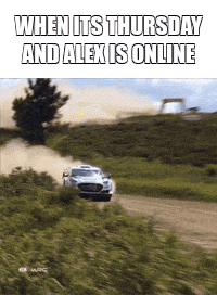 a rally car is driving down a dirt road with a caption that says when its thursday and alex is online