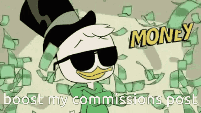 a cartoon of a duck wearing sunglasses and a top hat surrounded by money .