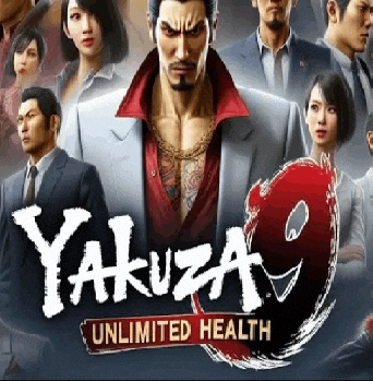 a poster for yakuza 9 unlimited health shows a man in a suit and tie surrounded by people .